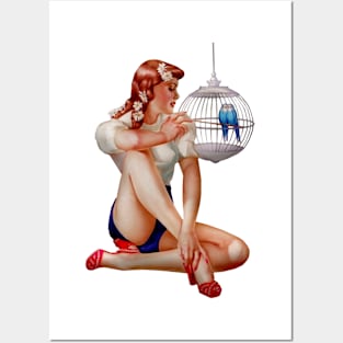 Pin-up girl with aviary birds Posters and Art